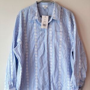 White flowers Embroidery Boyfriend shirt blue white stripe XXL Crown & Ivy